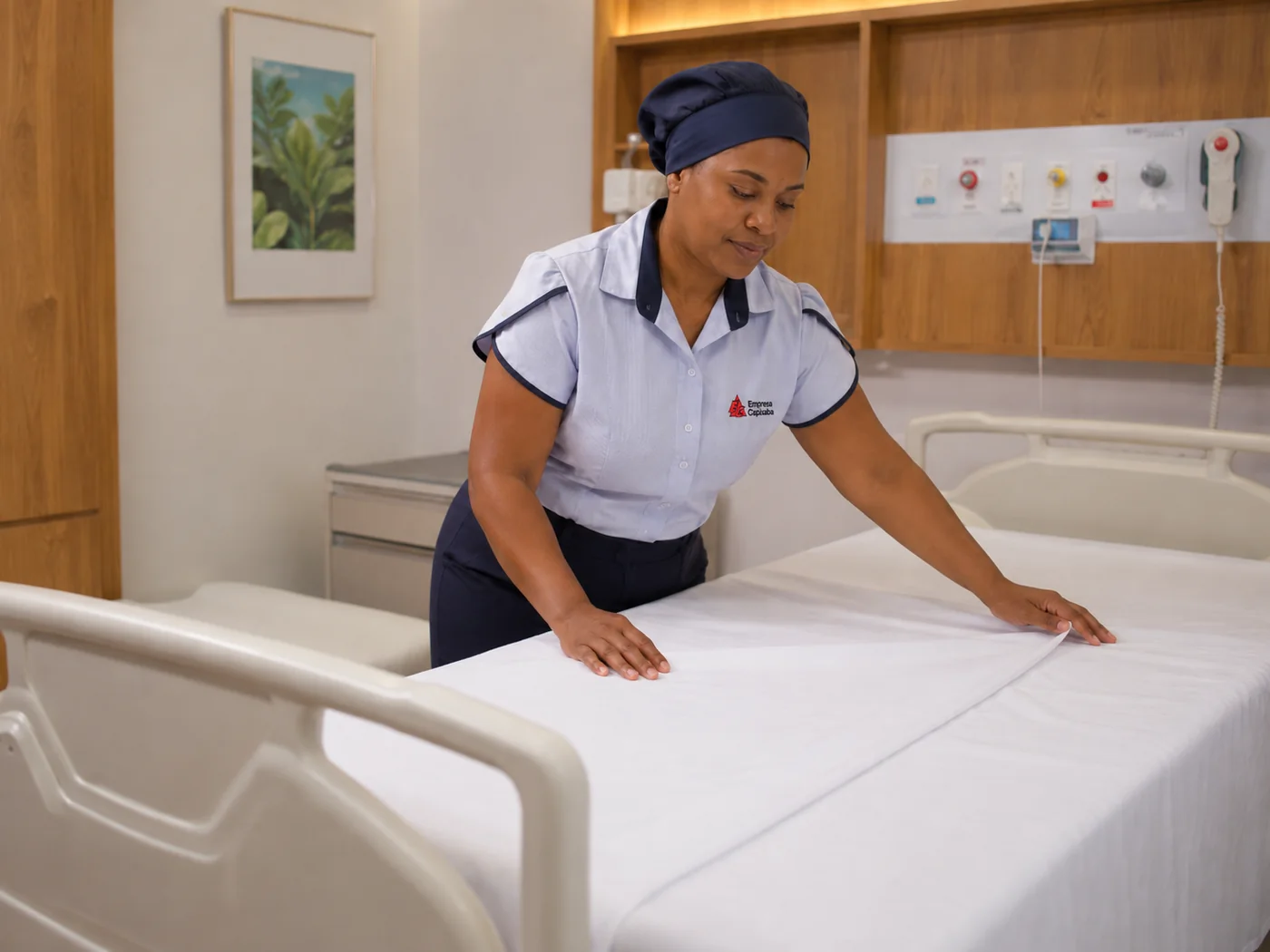 Camareira da Empresa Capixaba preparando uma acomodação hospitalar
