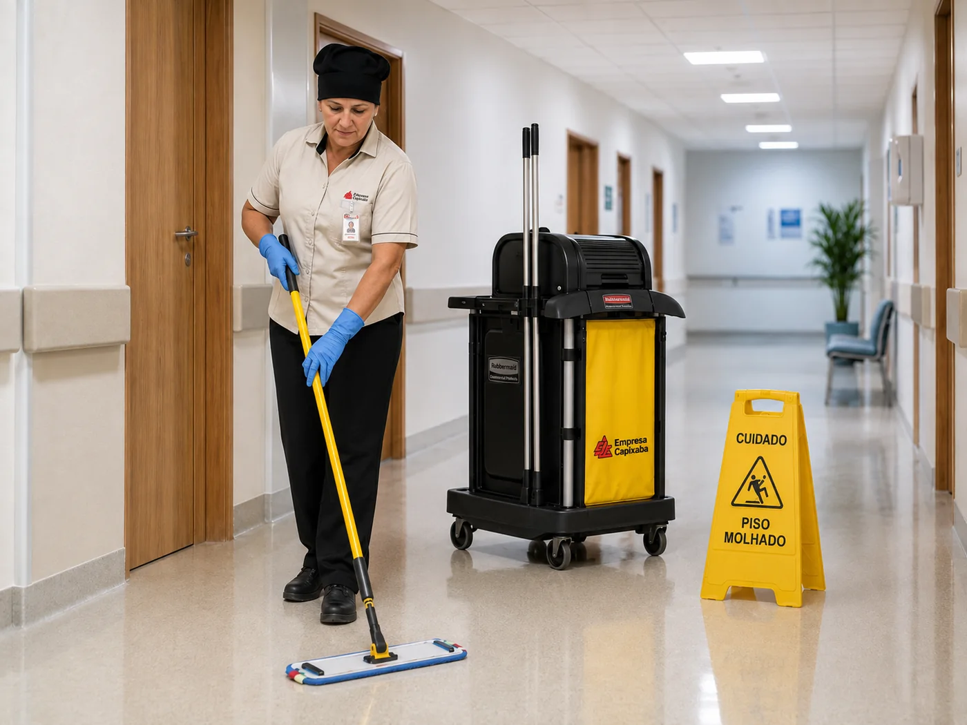Profissional uniformizada realizando limpeza em corredor hospitalar