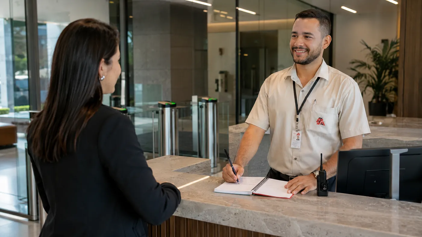 Profissional uniformizado da Empresa Capixaba atendendo na portaria